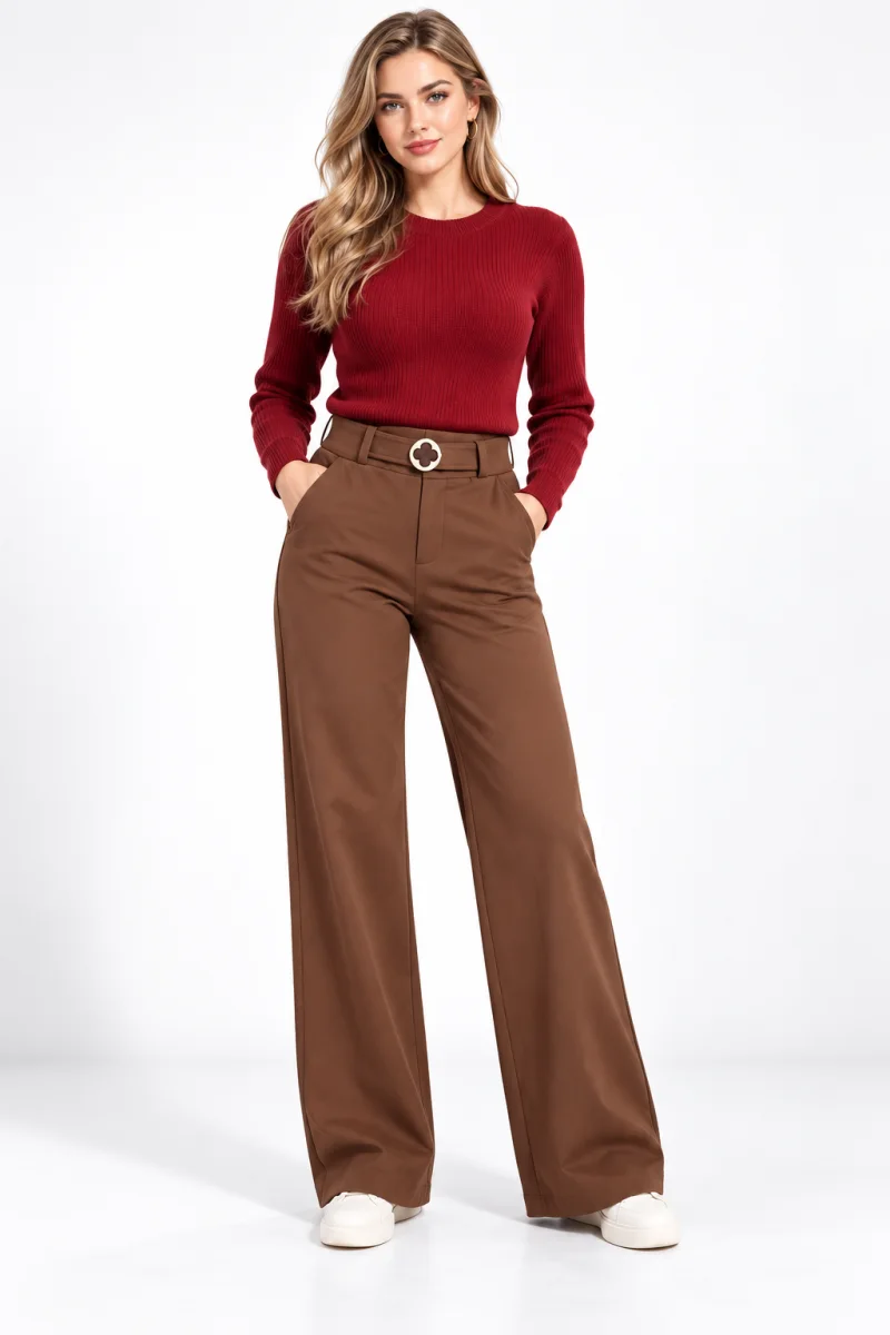 Pantaloni Damă Vătuiți cu Buzunare și Cataramă Decorativă, Maro