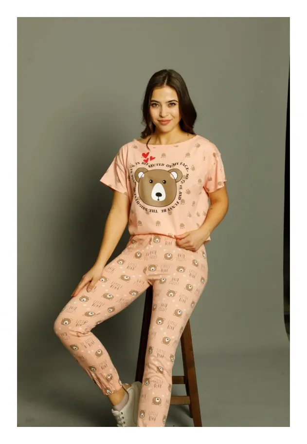 Pijama damă Serena din bumbac cu ursuleț, pantaloni lungi