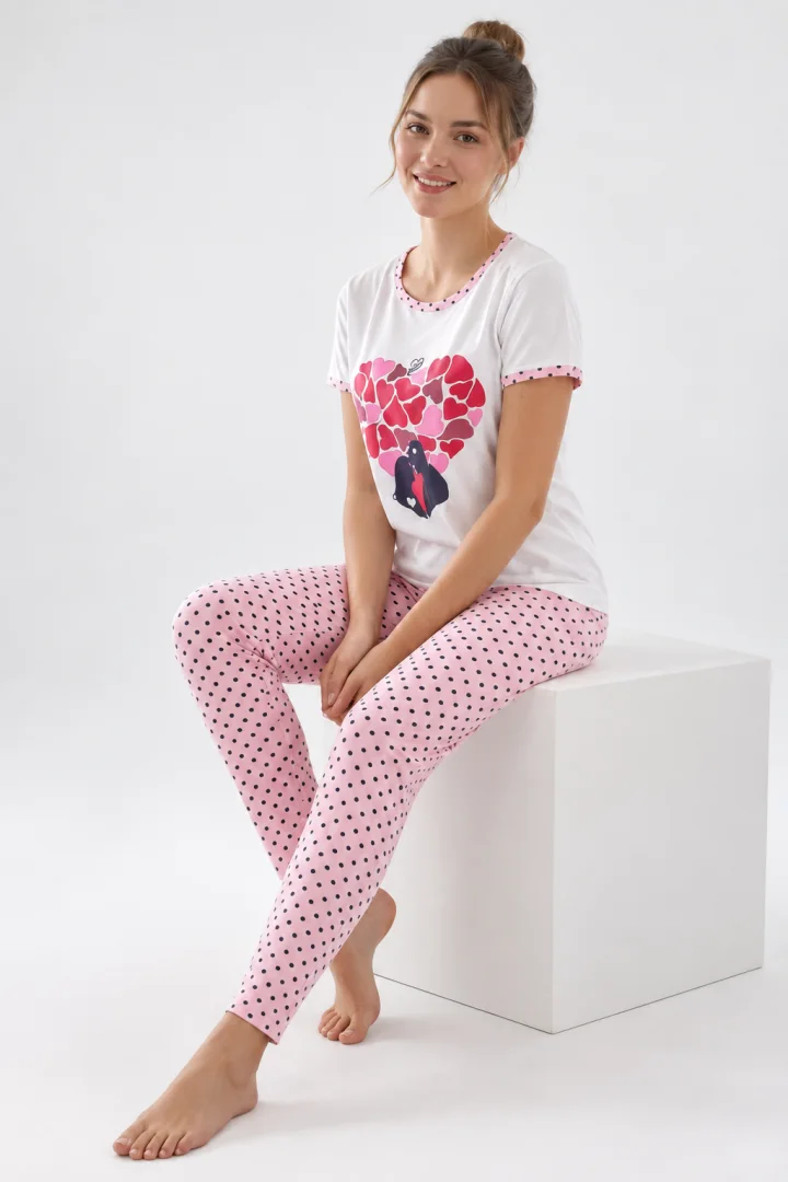 Pijama dama din bumbac cu imprimeu inimioare,