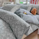 Lenjerie de Pat din 100% Bumbac cu Dantelă, 4 Piese, Cearșaf cu Elastic 180x200 cm