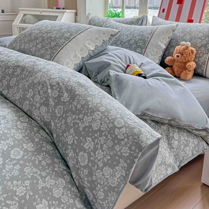 Lenjerie de Pat din 100% Bumbac cu Dantelă, 4 Piese, Cearșaf cu Elastic 180x200 cm