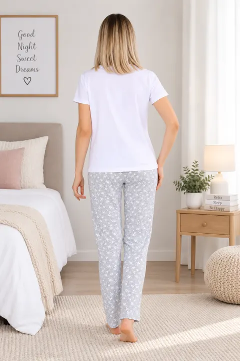 Pijama damă Arnetta alb-gri cu imprimeu floral