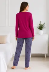 Pijama de dama fucsia cu maneca lunga si pantaloni lungi gri cu catelus