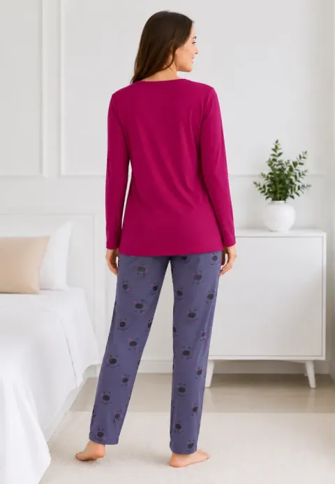 Pijama de dama fucsia cu maneca lunga si pantaloni lungi gri cu catelus