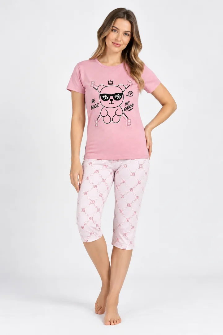 Pijama damă bumbac – tricou și pantaloni 3/4, imprimeu