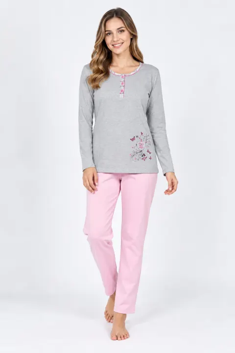 Pijama damă, mânecă lungă și pantaloni lungi gri cu floare