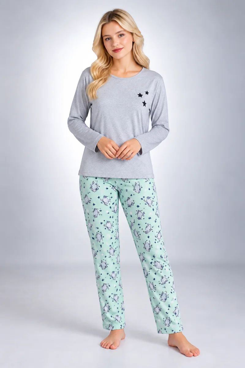 Pijama damă gri, cu mânecă lungă și pantaloni lungi