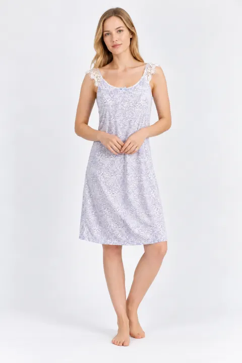 Rochie damă Arnetta din viscoză, cu bretele din dantelă și imprimeu floral, alb-albastru