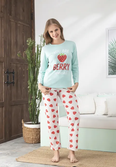 Pijama damă bleu, imprimeu „You Are Berry Special”