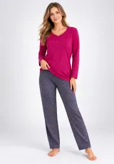 Pijama de dama fucsia cu maneca lunga si pantaloni lungi gri cu buline