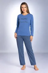 Pijama damă cu bluză albastră cu mânecă lungă și pantaloni lungi gri închis