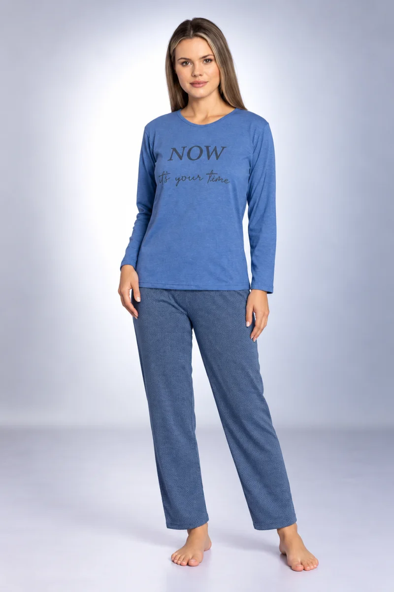 Pijama damă cu bluză albastră cu mânecă lungă și pantaloni lungi gri închis