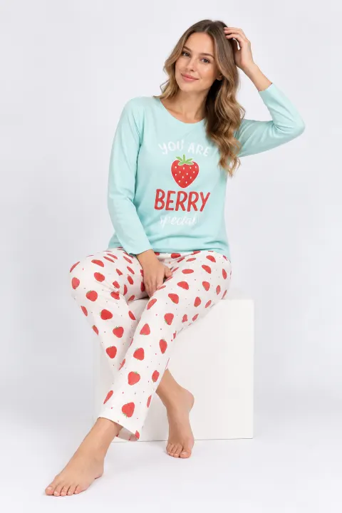 Pijama damă bleu, imprimeu „You Are Berry Special”