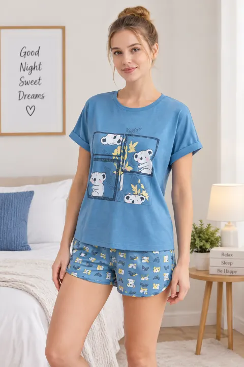 Pijamale damă cu tricou cu mânecă scurtă și pantaloni scurți, imprimeu urs panda, blue