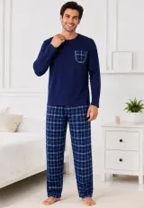 Pijama barbat blumarin si albastru cu carouri