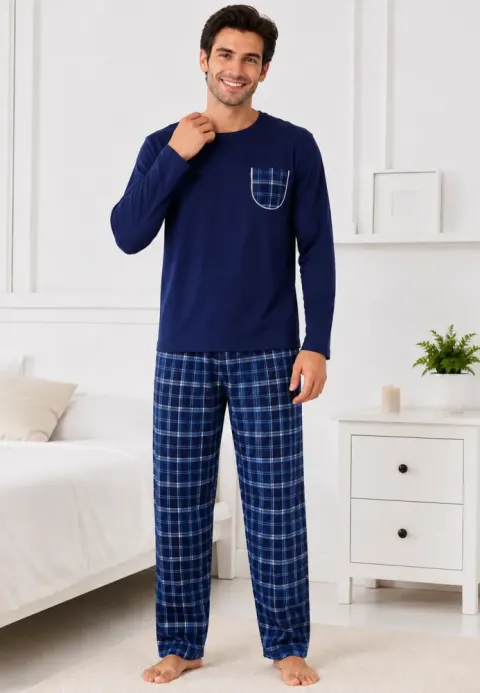 Pijama barbat blumarin si albastru cu carouri