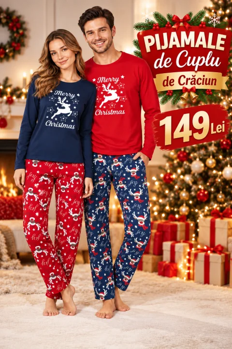 Pijamale de Cuplu de Crăciun – Pachet 2 Pijamale Damă & Bărbați, Modele la Alegere – 149 Lei