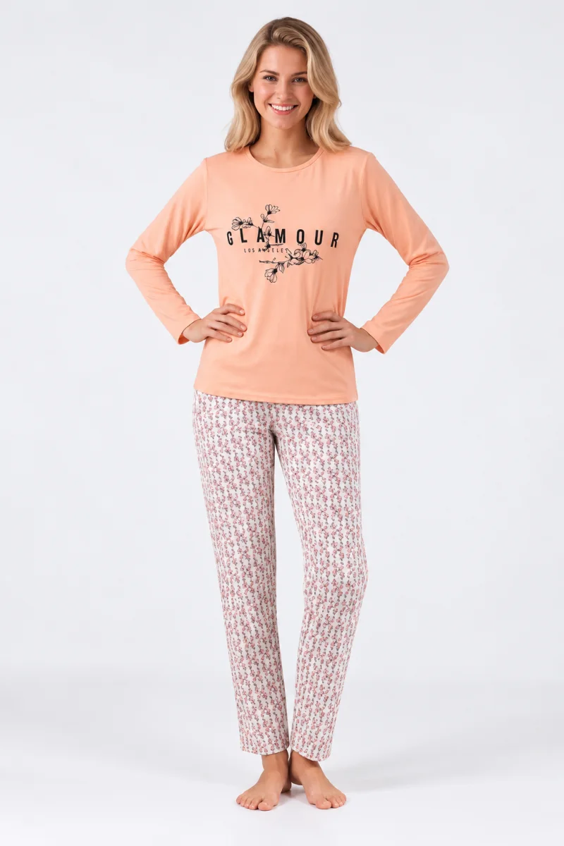 Pijama damă cu mânecă lungă și pantaloni lungi cu imprimeu