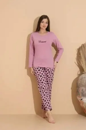 Pijama damă mov cu imprimeu vermont cu pantaloni lungi cu buline
