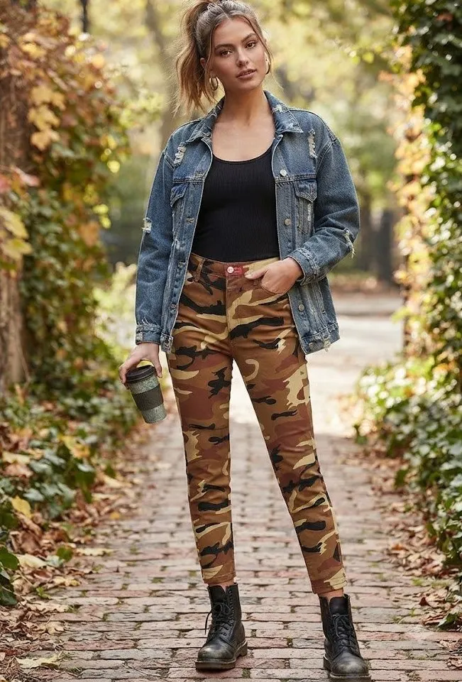 Blugi damă skinny talie înaltă – camuflaj maro