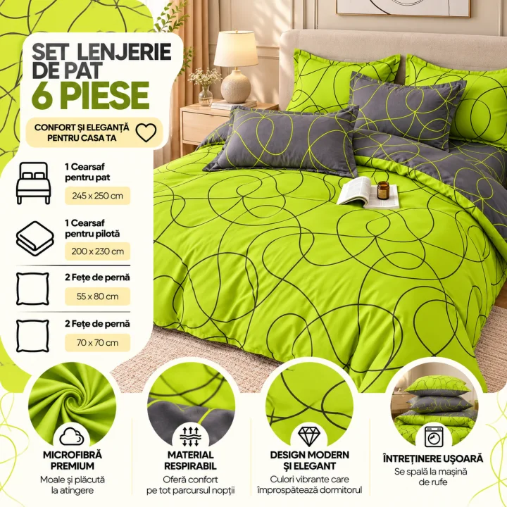 Set Lenjerie de Pat Dublu din Microfibră Premium, 6 Piese, Cearșaf 245x250 cm