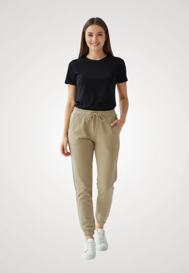 Pantaloni de trening damă crem cu capse decorative
