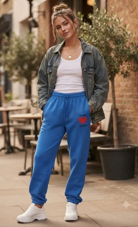 Pantaloni de trening damă albastri cu imprimeu