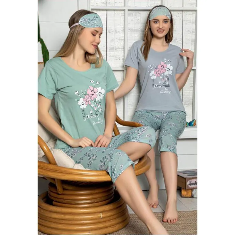 Pijama dama , tricou gri cu imprimeu "Flowers" , gri