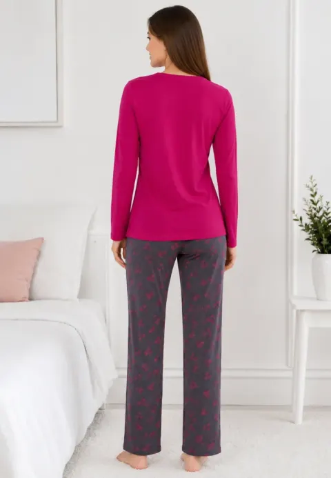 Pijama de dama fucsia cu maneca lunga si pantaloni lungi gri