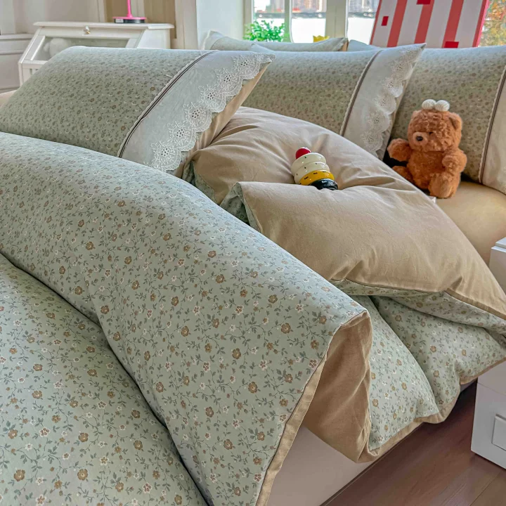 Lenjerie de Pat din 100% Bumbac cu Dantelă, 4 Piese, Cearșaf cu Elastic 180x200 cm