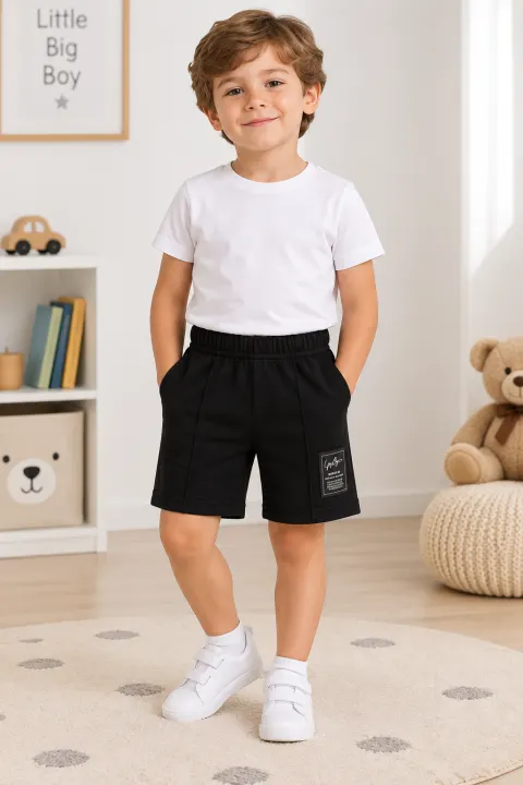 Pantaloni scurți sport copii cu dungă decorativă, Negru