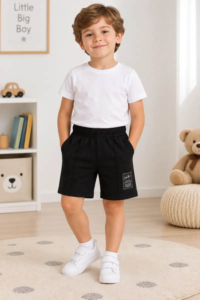 Pantaloni scurți sport copii cu dungă decorativă, Negru