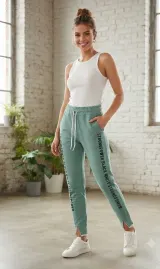 Pantaloni damă turcoaz cu imprimeu lateral „Strong Power”