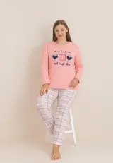 Pijama damă,  roz cu mânecă lungă și pantaloni lungi