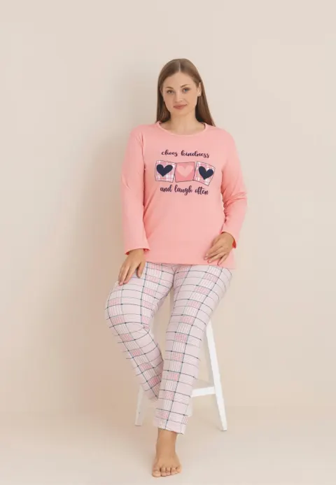 Pijama damă,  roz cu mânecă lungă și pantaloni lungi