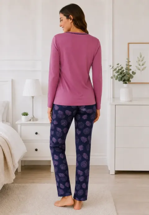 Pijama de dama mov cu maneca lunga si pantaloni lungi blumarin cu frunze