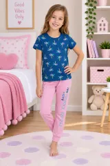 Pijama copii din bumbac cu palmieri – mânecă scurtă și pantaloni lungi, albastru