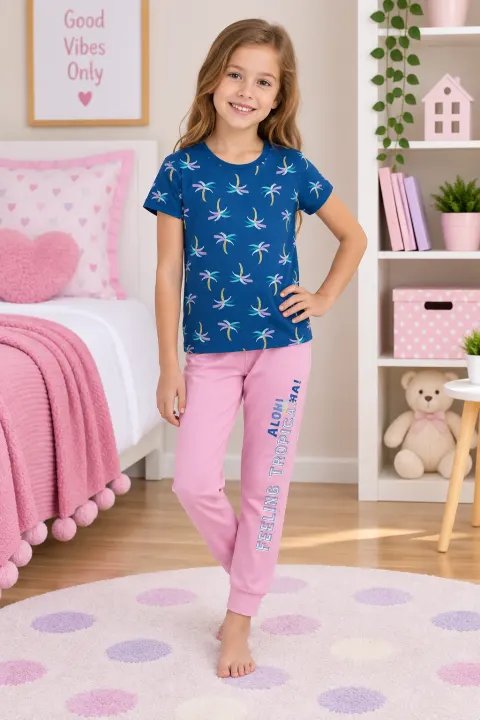 Pijama copii din bumbac cu palmieri – mânecă scurtă și pantaloni lungi, albastru