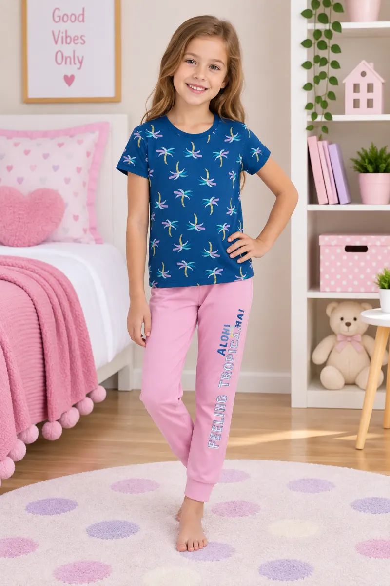 Pijama copii din bumbac cu palmieri – mânecă scurtă și pantaloni lungi, albastru