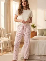 Pantaloni de pijama de dama alb roz cu cirese