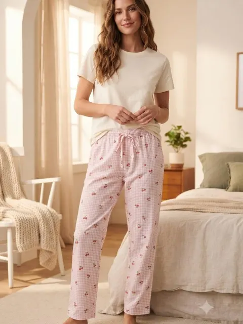 Pantaloni de pijama de dama alb roz cu cirese