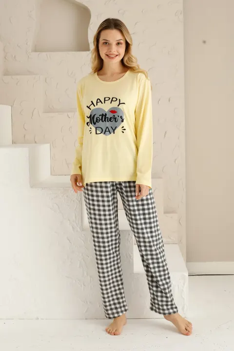 Pijama damă, mânecă lungă, pantaloni lungi, imprimeu Happy Mother's Day