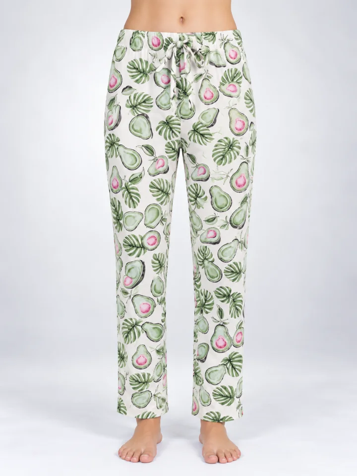 Pantaloni de pijama de dama alb cu frunze verzi