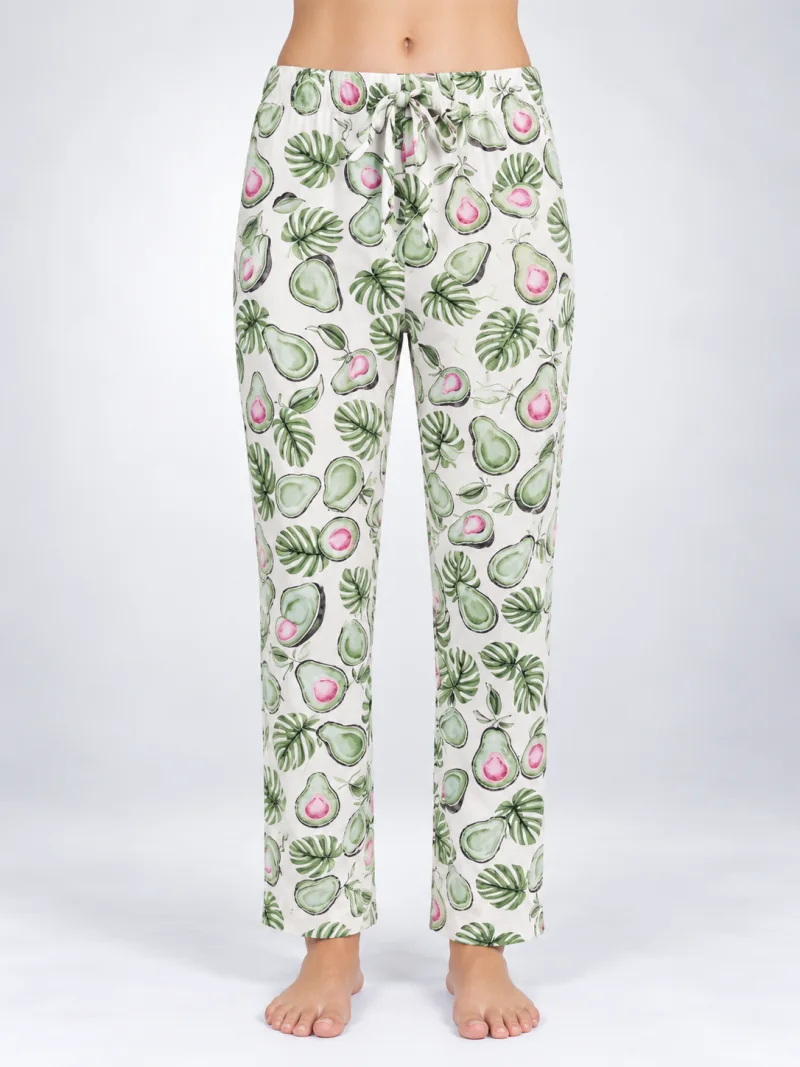 Pantaloni de pijama de dama alb cu frunze verzi