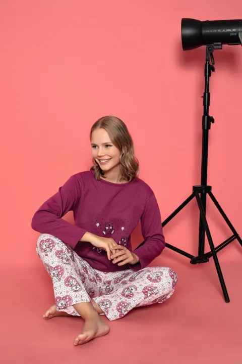 Pijama damă vătuită cu mânecă lungă și pantaloni, imprimeu Teddy