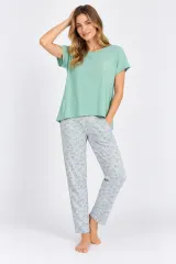 Pijama dama, bluza  cu imprimeu scoici si pantaloni lungi, verde