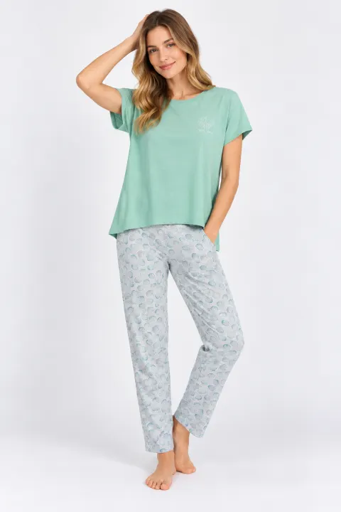 Pijama dama, bluza  cu imprimeu scoici si pantaloni lungi, verde