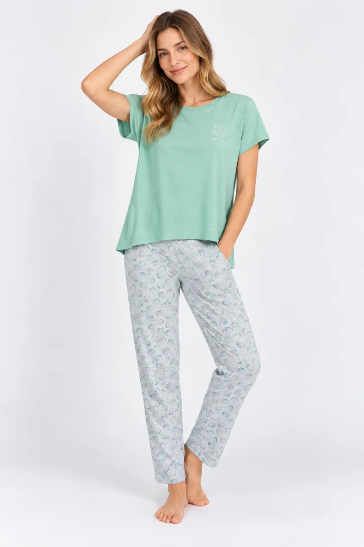 Pijama dama, bluza  cu imprimeu scoici si pantaloni lungi, verde