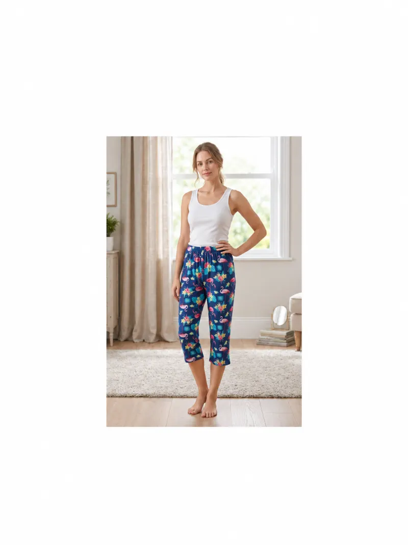 Pantaloni de pijama dama 3/4 albastru cu pasari