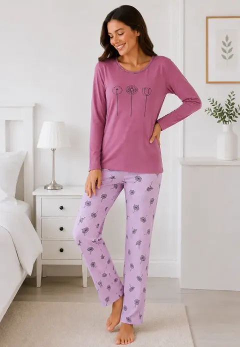 Pijama de dama mov cu maneca lunga si pantaloni lungi mov cu flori